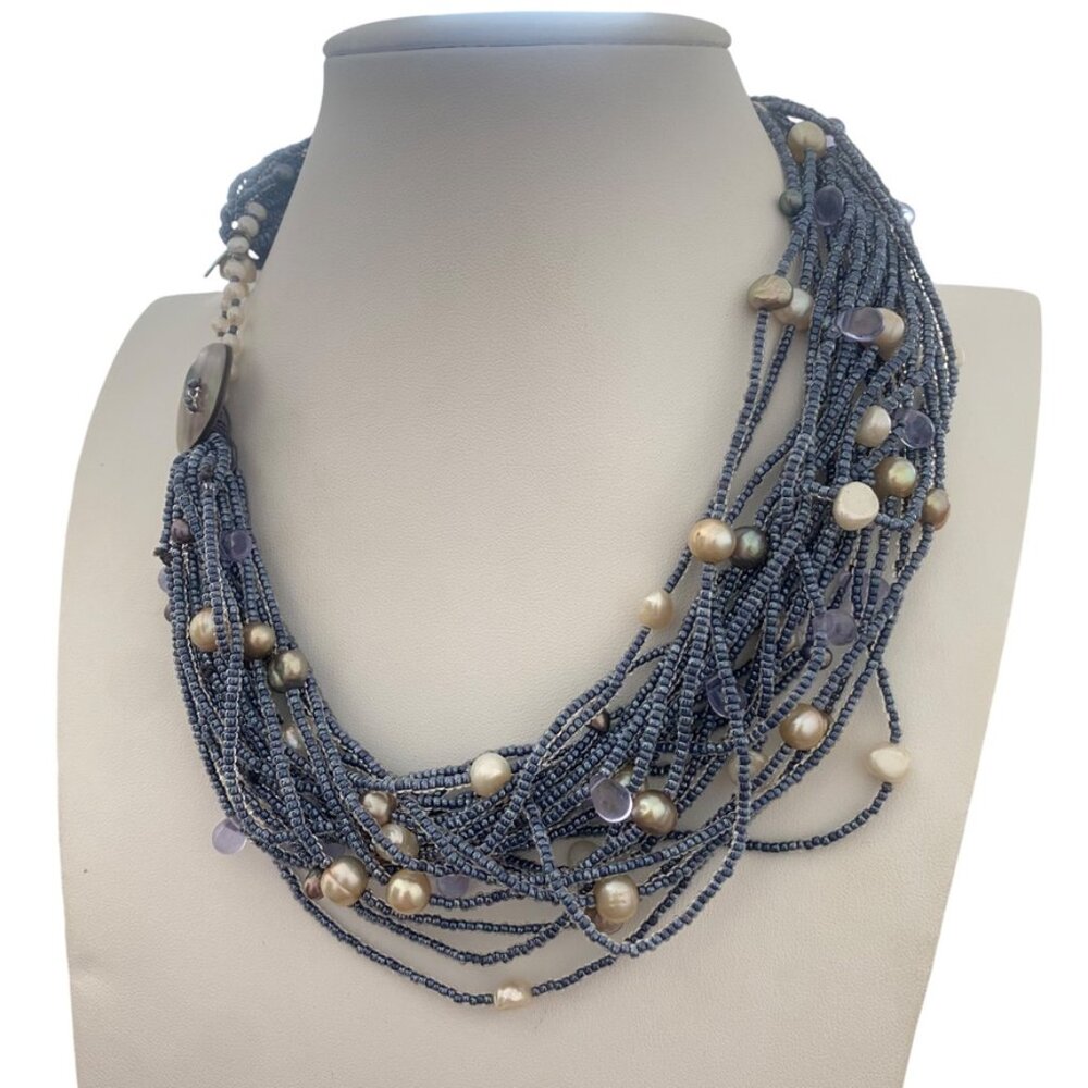 Vintage Tanner Chucnky multistrand necklace with freshwater pearls blue Iconic - Picture 3 of 16